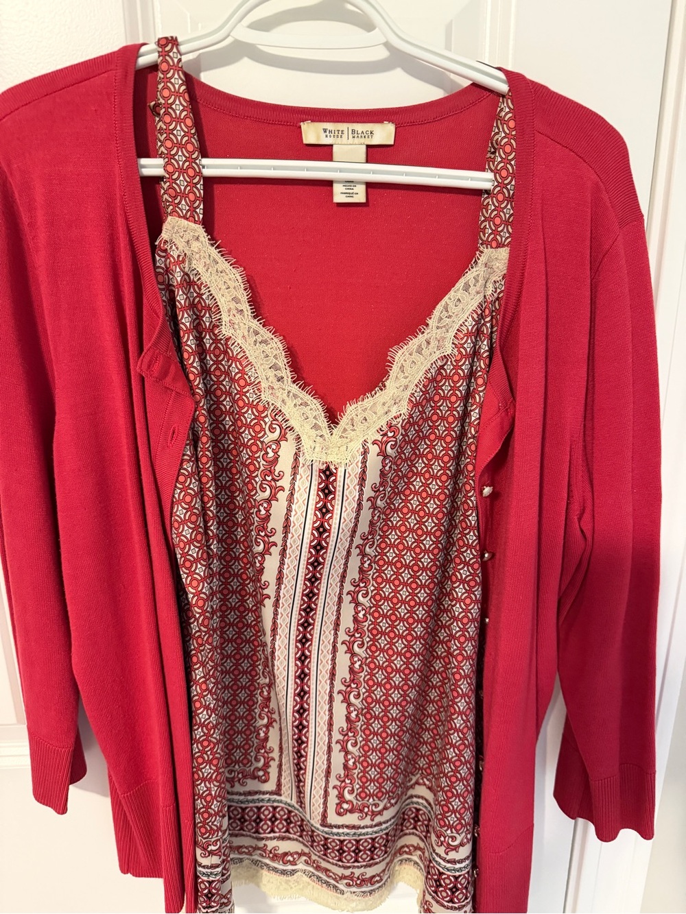 White House Black Market Red Lace-Trimmed Camisole & Cardigan Set